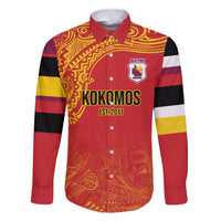 Queensland Papua New Guinea Custom Family Matching Off The Shoulder Long Sleeve Dress and Hawaiian Shirt All Red Pacific PNG Tribal Style LT9 Dad's Shirt - Long Sleeve Red - Polynesian Pride