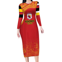 Queensland Papua New Guinea Custom Long Sleeve Bodycon Dress All Red Pacific PNG Tribal Style LT9 Long Dress Red - Polynesian Pride