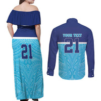 Queensland Samoa Custom Couples Matching Off Shoulder Maxi Dress and Long Sleeve Button Shirt Blue Pacific Polynesian Tribal Pattern