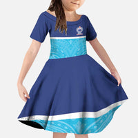 Queensland Samoa Custom Family Matching Off The Shoulder Long Sleeve Dress and Hawaiian Shirt Blue Pacific Polynesian Tribal Pattern LT9 Daughter's Dress Blue - Polynesian Pride