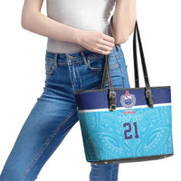 Queensland Samoa Custom Leather Tote Bag Blue Pacific Polynesian Tribal Pattern
