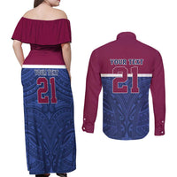 Queensland Samoa Custom Couples Matching Off Shoulder Maxi Dress and Long Sleeve Button Shirt Maroon-Blue Pacific Polynesian Tribal Pattern
