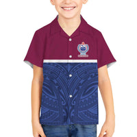 Queensland Samoa Custom Family Matching Off The Shoulder Long Sleeve Dress and Hawaiian Shirt Maroon-Blue Pacific Polynesian Tribal Pattern LT9 Son's Shirt Dark Blue - Polynesian Pride