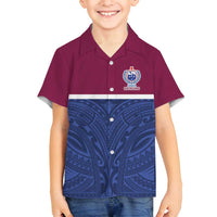 Queensland Samoa Custom Family Matching Off Shoulder Maxi Dress and Hawaiian Shirt Maroon-Blue Pacific Polynesian Tribal Pattern