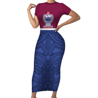 Queensland Samoa Custom Family Matching Short Sleeve Bodycon Dress and Hawaiian Shirt Maroon-Blue Pacific Polynesian Tribal Pattern LT9 Mom's Dress Dark Blue - Polynesian Pride