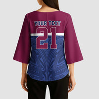 Queensland Samoa Custom Kimono Sleeve Blouse Maroon-Blue Pacific Polynesian Tribal Pattern - Polynesian Pride