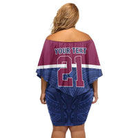 Queensland Samoa Custom Off Shoulder Short Dress Maroon-Blue Pacific Polynesian Tribal Pattern