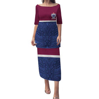 Queensland Samoa Custom Puletasi Maroon-Blue Pacific Polynesian Tribal Pattern