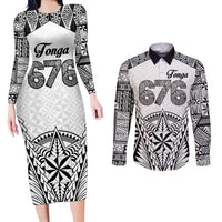 Personalised Tonga 676 Couples Matching Long Sleeve Bodycon Dress and Long Sleeve Button Shirt Tribal Kupesi Ngatu Unique LT9 White - Polynesian Pride