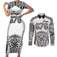 Personalised Tonga 676 Couples Matching Short Sleeve Bodycon Dress and Long Sleeve Button Shirt Tribal Kupesi Ngatu Unique LT9 White - Polynesian Pride