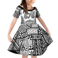 Personalised Tonga 676 Family Matching Off Shoulder Short Dress and Hawaiian Shirt Tribal Kupesi Ngatu Unique LT9 Daughter's Dress White - Polynesian Pride