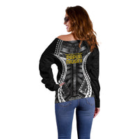 Independen Stet bilong Papua Niugini 1975 Off Shoulder Sweater Black Tribal Papua New Guinea Province Flag LT9 - Polynesian Pride