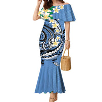 FSM Kosrae Polynesian Shark Tattoo Personalised Family Matching Mermaid Dress and Hawaiian Shirt LT9 Mom's Dress Blue - Polynesian Pride