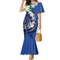 FSM Pohnpei Polynesian Shark Tattoo Personalised Family Matching Mermaid Dress and Hawaiian Shirt LT9 Mom's Dress Blue - Polynesian Pride