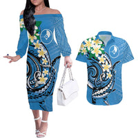 FSM Yap State Polynesian Shark Tattoo Personalised Couples Matching Off The Shoulder Long Sleeve Dress and Hawaiian Shirt LT9 Blue - Polynesian Pride