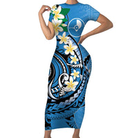 FSM Yap State Polynesian Shark Tattoo Personalised Family Matching Short Sleeve Bodycon Dress and Hawaiian Shirt LT9 Mom's Dress Blue - Polynesian Pride