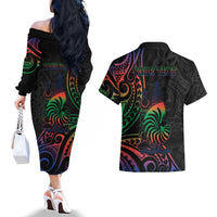 New Caledonia Polynesian Tatoo Personalised Couples Matching Off The Shoulder Long Sleeve Dress and Hawaiian Shirt LT9 - Polynesian Pride