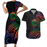 New Caledonia Polynesian Tatoo Personalised Couples Matching Short Sleeve Bodycon Dress and Hawaiian Shirt LT9 Black - Polynesian Pride