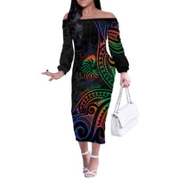 New Caledonia Polynesian Tatoo Personalised Family Matching Off The Shoulder Long Sleeve Dress and Hawaiian Shirt LT9 Mom's Dress Black - Polynesian Pride