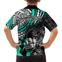 Personalised Polynesia Skull Family Matching Off Shoulder Long Sleeve Dress and Hawaiian Shirt Tattoo In The Style Of Maori With Marine Life Aqua LT9 - Polynesian Pride