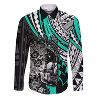 Personalised Polynesia Skull Family Matching Off Shoulder Maxi Dress and Hawaiian Shirt Tattoo In The Style Of Maori With Marine Life Aqua LT9 Dad's Shirt - Long Sleeve Aqua - Polynesian Pride