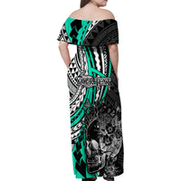 Personalised Polynesia Skull Family Matching Off Shoulder Maxi Dress and Hawaiian Shirt Tattoo In The Style Of Maori With Marine Life Aqua LT9 - Polynesian Pride