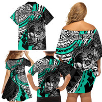 Personalised Polynesia Skull Family Matching Off Shoulder Short Dress and Hawaiian Shirt Tattoo In The Style Of Maori With Marine Life Aqua LT9 - Polynesian Pride