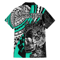 Personalised Polynesia Skull Family Matching Short Sleeve Bodycon Dress and Hawaiian Shirt Tattoo In The Style Of Maori With Marine Life Aqua LT9 - Polynesian Pride