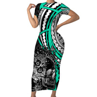 Personalised Polynesia Skull Short Sleeve Bodycon Dress Tattoo In The Style Of Maori With Marine Life Aqua LT9 Long Dress Aqua - Polynesian Pride