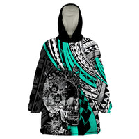 Personalised Polynesia Skull Wearable Blanket Hoodie Tattoo In The Style Of Maori With Marine Life Aqua LT9 One Size Aqua - Polynesian Pride
