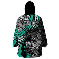 Personalised Polynesia Skull Wearable Blanket Hoodie Tattoo In The Style Of Maori With Marine Life Aqua LT9 - Polynesian Pride