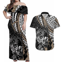 Personalised Polynesia Skull Couples Matching Off Shoulder Maxi Dress and Hawaiian Shirt Tattoo In The Style Of Maori With Marine Life Gold LT9 Gold - Polynesian Pride