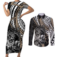 Personalised Polynesia Skull Couples Matching Short Sleeve Bodycon Dress and Long Sleeve Button Shirts Tattoo In The Style Of Maori With Marine Life Gold LT9 Gold - Polynesian Pride