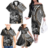 Personalised Polynesia Skull Family Matching Off Shoulder Long Sleeve Dress and Hawaiian Shirt Tattoo In The Style Of Maori With Marine Life Gold LT9 - Polynesian Pride