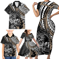 Personalised Polynesia Skull Family Matching Short Sleeve Bodycon Dress and Hawaiian Shirt Tattoo In The Style Of Maori With Marine Life Gold LT9 - Polynesian Pride