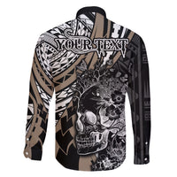 Personalised Polynesia Skull Family Matching Short Sleeve Bodycon Dress and Hawaiian Shirt Tattoo In The Style Of Maori With Marine Life Gold LT9 - Polynesian Pride