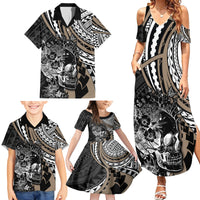 Personalised Polynesia Skull Family Matching Summer Maxi Dress and Hawaiian Shirt Tattoo In The Style Of Maori With Marine Life Gold LT9 - Polynesian Pride