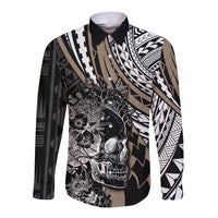 Personalised Polynesia Skull Long Sleeve Button Shirt Tattoo In The Style Of Maori With Marine Life Gold LT9 Unisex Gold - Polynesian Pride