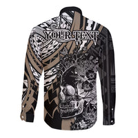 Personalised Polynesia Skull Long Sleeve Button Shirt Tattoo In The Style Of Maori With Marine Life Gold LT9 - Polynesian Pride
