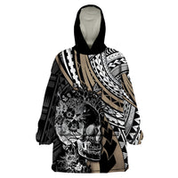 Personalised Polynesia Skull Wearable Blanket Hoodie Tattoo In The Style Of Maori With Marine Life Gold LT9 One Size Gold - Polynesian Pride