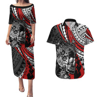 Personalised Polynesia Skull Couples Matching Puletasi Dress and Hawaiian Shirt Tattoo In The Style Of Maori With Marine Life Red LT9 Red - Polynesian Pride