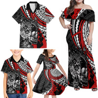 Personalised Polynesia Skull Family Matching Off Shoulder Maxi Dress and Hawaiian Shirt Tattoo In The Style Of Maori With Marine Life Red LT9 - Polynesian Pride