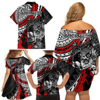Personalised Polynesia Skull Family Matching Off Shoulder Short Dress and Hawaiian Shirt Tattoo In The Style Of Maori With Marine Life Red LT9 - Polynesian Pride