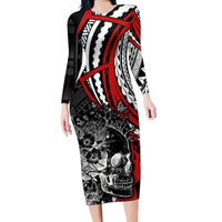 Personalised Polynesia Skull Long Sleeve Bodycon Dress Tattoo In The Style Of Maori With Marine Life Red LT9 Long Dress Red - Polynesian Pride