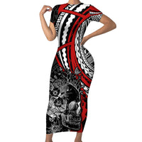 Personalised Polynesia Skull Short Sleeve Bodycon Dress Tattoo In The Style Of Maori With Marine Life Red LT9 Long Dress Red - Polynesian Pride