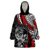Personalised Polynesia Skull Wearable Blanket Hoodie Tattoo In The Style Of Maori With Marine Life Red LT9 One Size Red - Polynesian Pride