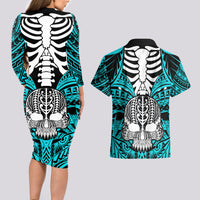 Personalised Polynesia Skull Couples Matching Long Sleeve Bodycon Dress and Hawaiian Shirt With Boars Tusk Aqua Arty Vibe LT9 - Polynesian Pride