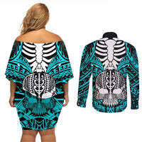 personalised-polynesia-skull-couples-matching-off-shoulder-short-dress-and-long-sleeve-button-shirts-with-boars-tusk-aqua-arty-vibe
