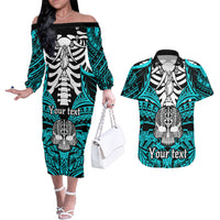Personalised Polynesia Skull Couples Matching Off The Shoulder Long Sleeve Dress and Hawaiian Shirt With Boars Tusk Aqua Arty Vibe LT9 Aqua - Polynesian Pride