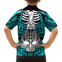 Personalised Polynesia Skull Family Matching Off Shoulder Long Sleeve Dress and Hawaiian Shirt With Boars Tusk Aqua Arty Vibe LT9 - Polynesian Pride